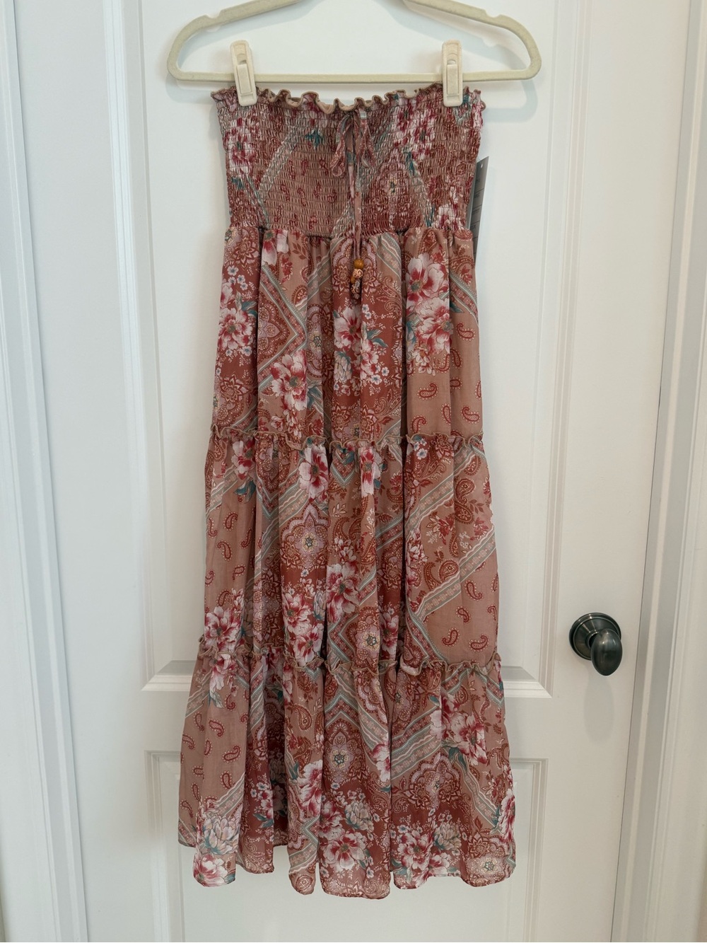 Smocked Floral Tiered Midi Dress/Maxi Skirt in Rust Pink NWT